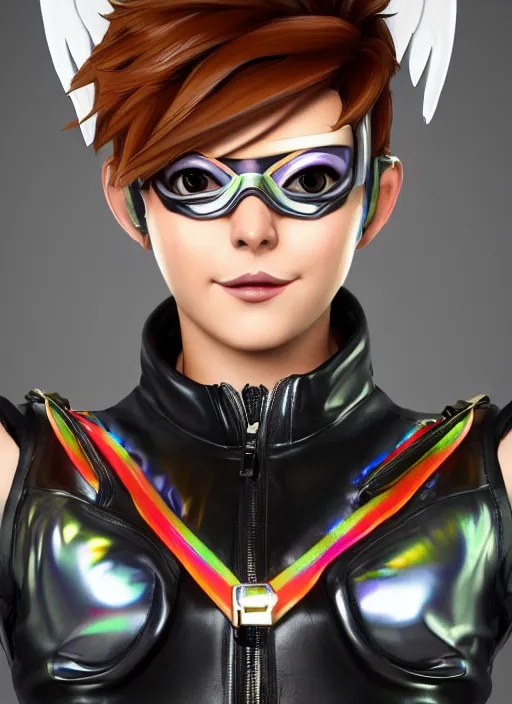 Image similar to portrait bust digital artwork of tracer overwatch, wearing white iridescent rainbow latex and leather straps catsuit outfit, 4 k, expressive happy smug expression, makeup, in style of mark arian, angel wings, wearing detailed black leather collar, chains, black leather harness, detailed face and eyes,
