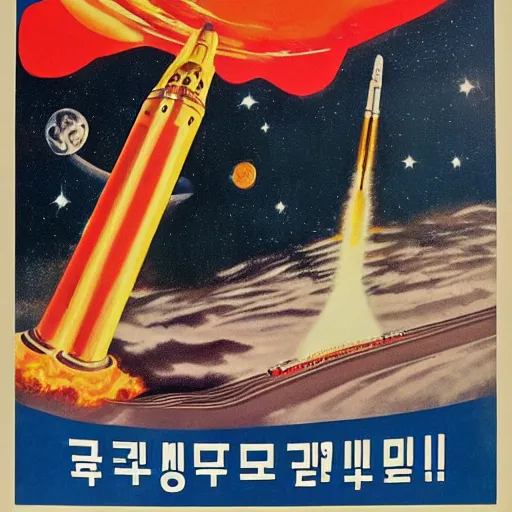 Image similar to [North Korean space mission, 1950 poster, very detailed, cinematic lighting, matte, sharp, photography]