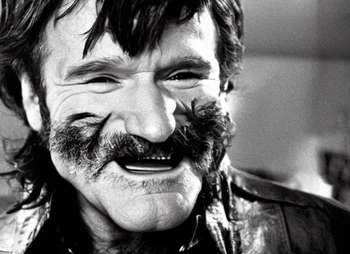 Prompt: promotional image of robin williams in a heavy metal band in a movie from 1978, rugged black clothes, detailed face, movie still frame, promotional image, imax 70 mm footage