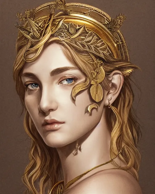 Image similar to front view of beautiful aphrodite greek goddess wearing a gold laurel wreath and triangle earrings, realism tattoo sketch, beautiful piercing eyes with sharp pupils, beautiful blonde hair, in the style of greg rutkowski, fantasy, amazing detail, epic, elegant, smooth, sharp focus