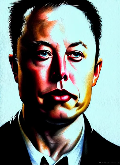 Image similar to portrait, Elon Musk , watercolor, dramatic lighting, cinematic, establishing shot, extremely high detail, foto realistic, cinematic lighting, pen and ink, intricate line drawings, by Yoshitaka Amano, Ruan Jia, Kentaro Miura, Artgerm, post processed, concept art, artstation, matte painting, style by eddie mendoza, raphael lacoste, alex ross