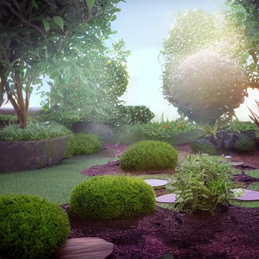 Image similar to weird 3 d rendered garden, octane render, volumetric light, sharp focus