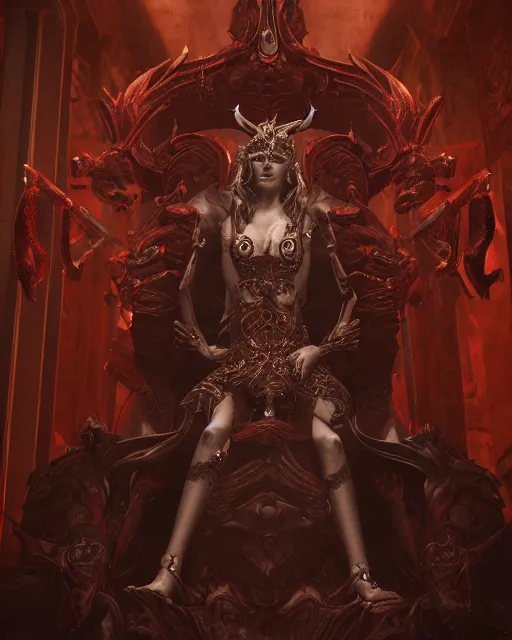 Prompt: portrait of a demon queen inside her hellish throne room, detailed, realistic, studio lighting, unreal engine, cgsociety