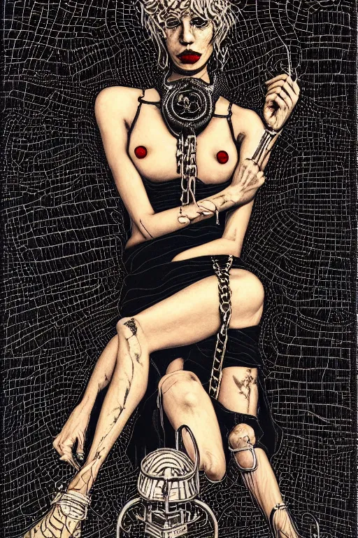 Image similar to dreamy rock girl with beautiful body, black leather and chains, detailed acrylic, heavy metal, intricate complexity, by dan mumford and by alberto giacometti, peter lindbergh, malevich, william stout