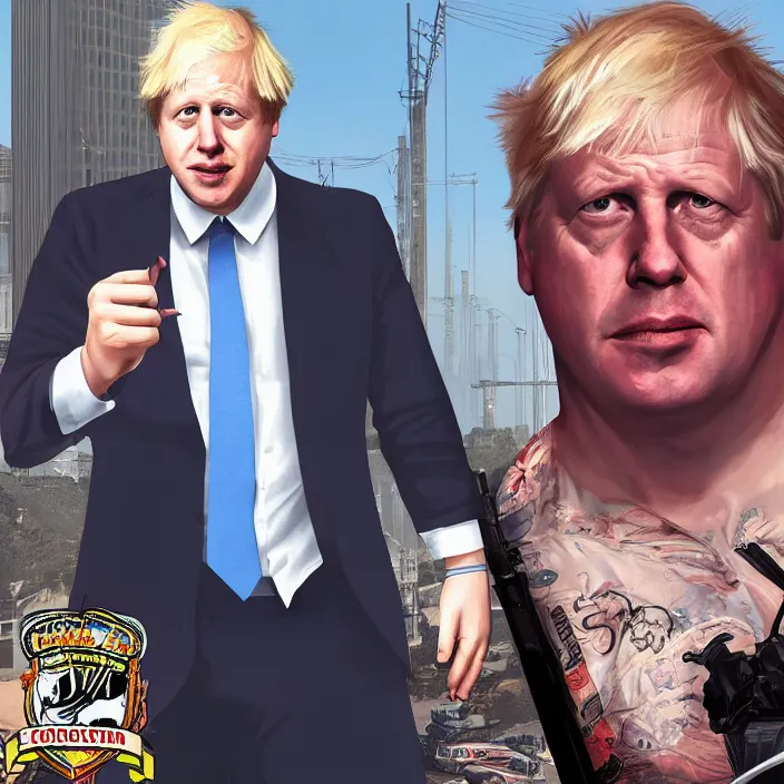 Prompt: Boris Johnson in GTA V, Cover art by Stephen Bliss, Loading Screen, Boxart