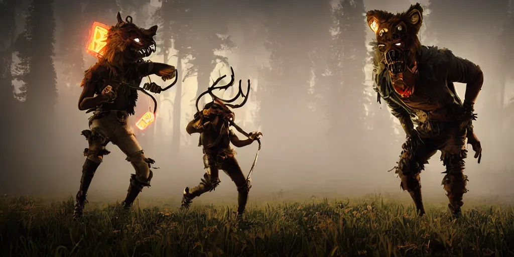 Image similar to woodsman wearing a steampunk and neonpunk mechanical fluorescent mystical animal mask in strange misty rocky landscape fight with werewolf, night, realism in style of fornite game, 4 k, octane render, award winning photograph, epic cinematic shot, perfectly defined features, ambient occlusion