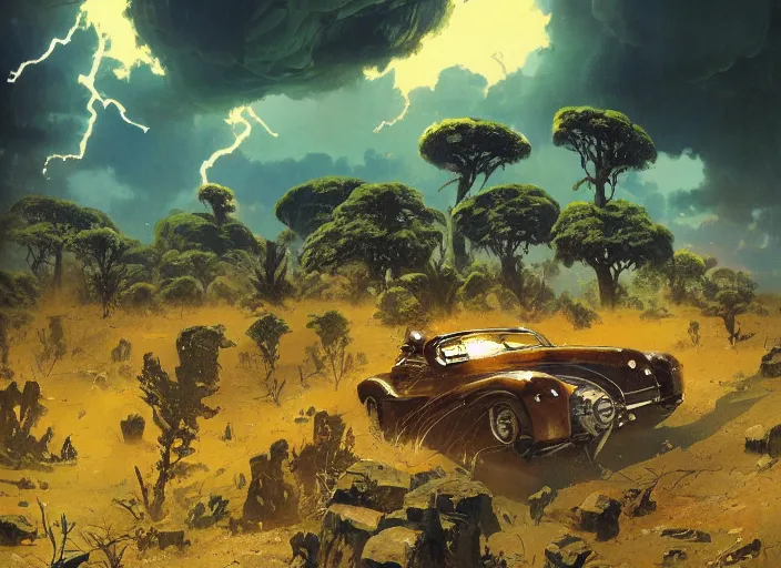 Prompt: 5 0 s pulp scifi illustration, english countryside, baobab trees in distance, storm clouds on horizon, by wadim kashin, morgan weistling, earle bergey, tyler edlin, alex schomburg, allen anderston, basil gogos, carl spitzweg