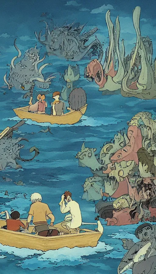 Prompt: man on boat crossing a body of water in hell with creatures in the water, sea of souls, by studio ghibli
