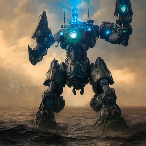 Image similar to pacific rim robot wearing high tech armor standing in the sea, full body, steam punk, 70's sci-fi, extremely detailed digital painting, in the style of Fenghua Zhong and Ruan Jia and Jermy lipking and peter mohrbacher, mystic colors, highly detailed, deep aesthetic, 8k, highly ornate intricate details, cinematic lighting, rich colors, digital artwork, ray tracing, hyperrealistic, photorealistic, cinematic landscape, trending on artstation,