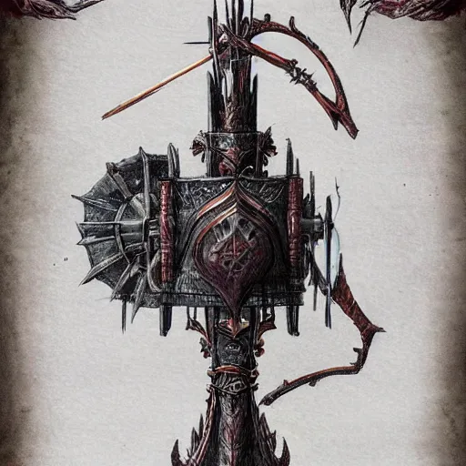Prompt: a new Bloodborne trick weapon called “Bellista”, it is a mix of a bell and a mounted ballista. Concept art, diagram, design, schematics, videogame, 2016, amazing, wow