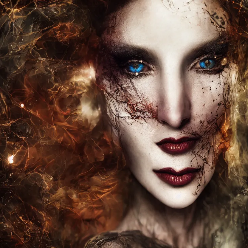 Image similar to single faced portrait of enchanting femenine witch, hyper attractive, seductive, very complex, hyper - maximalist, overdetailed, legendary cinematic, darkfantasy, archetype with timeless beauty breathtaking eyes, highly intricate, realism, perspicious detail, silent hill aesthetic, photorealistic, lifelike, dslr 8 k, unbeatable coherency, octane render