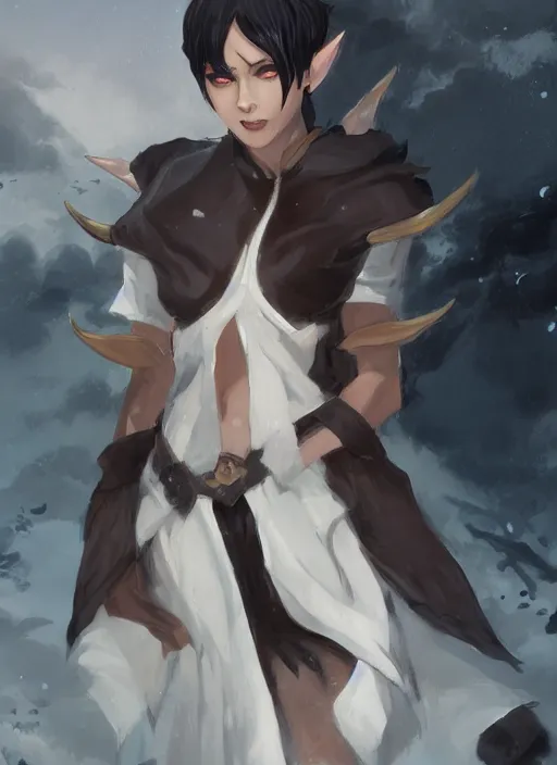 Prompt: concept art painting of a woman with brown skin and short white hair, demon horns, elf ears, full clothing, black clothes, blue robes, detailed, cel shaded, in the style of ruan jia and artgerm and makoto shinkai and james gurney