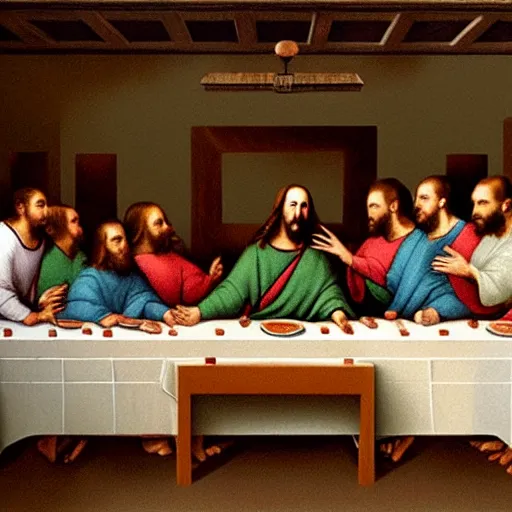 Image similar to nic cage in the last supper as painted by ray kurzweil