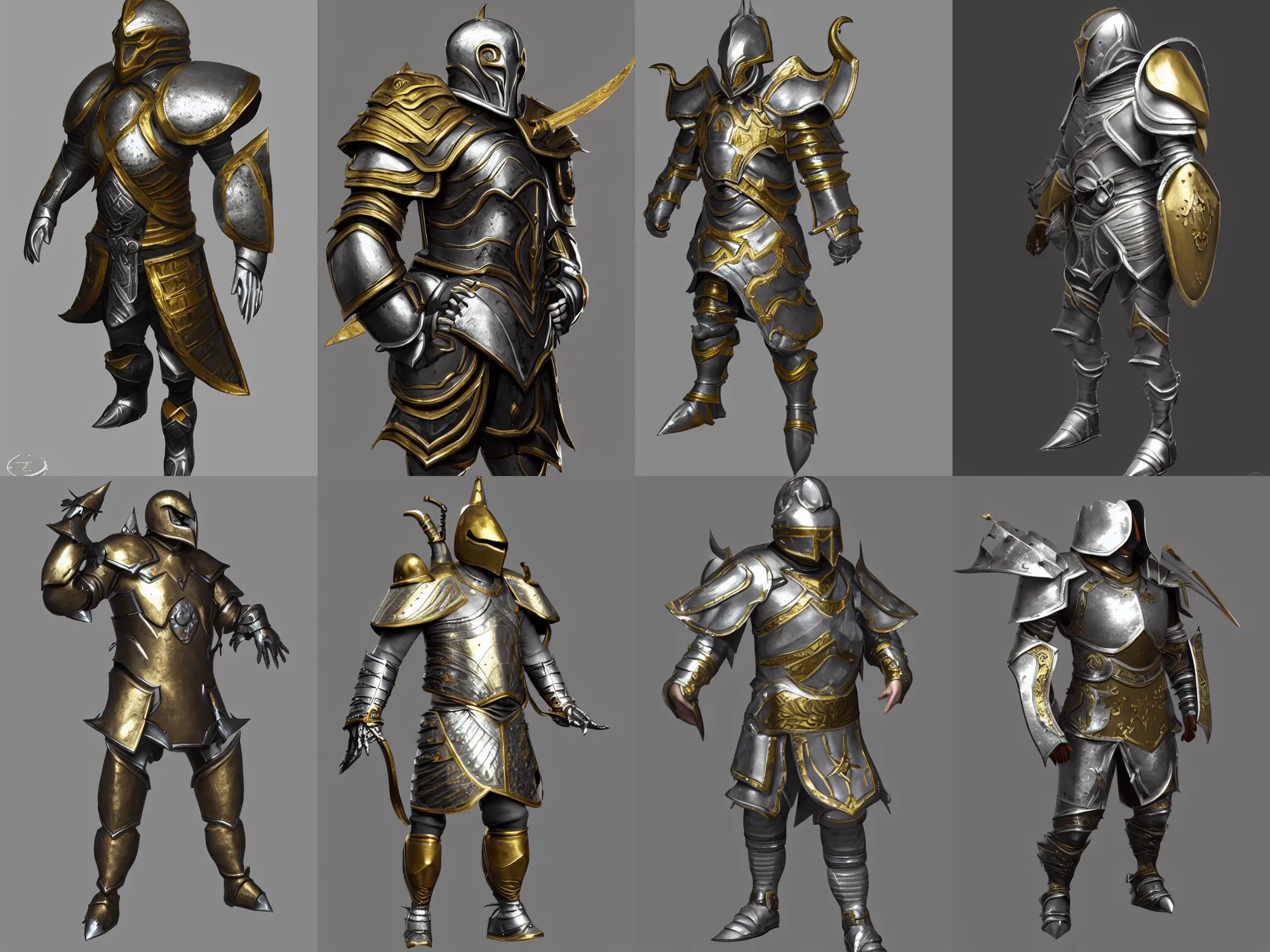 Prompt: render of heavy fantasy armor for a swashbuckler, silver with gold trim, hyperrealistic, extremely clean, flat shading, exaggerated proportions, trending on Artstation, fantasy character concept, HD Octane render