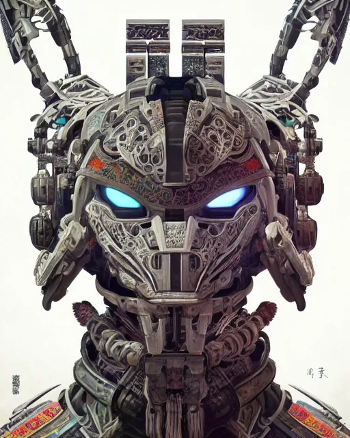 Image similar to portrait of a machine from horizon zero dawn, machine face, upper body, decorated with chinese opera motifs, asian, traditional chinese art, intricate, elegant, highly detailed, digital painting, artstation, concept art, smooth, sharp focus, illustration, art by artgerm and greg rutkowski and alphonse mucha, 8 k