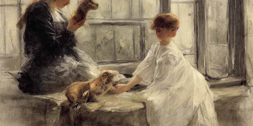 Image similar to a young edwardian woman petting a rabbit by a window, in the style of anders zorn