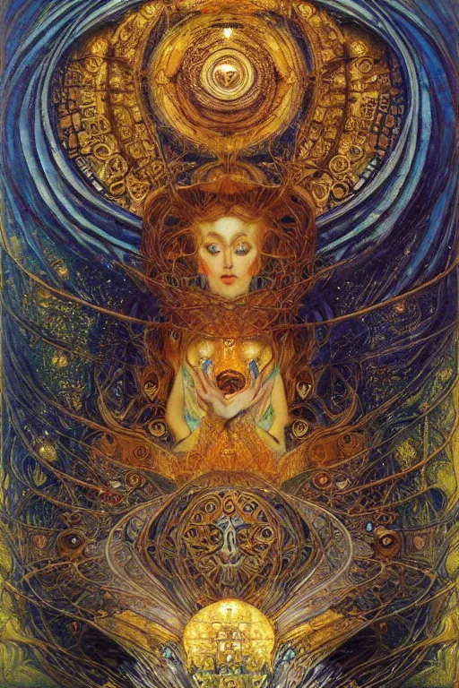 Image similar to Divine Chaos Engine by Karol Bak, Jean Deville, Gustav Klimt, and Vincent Van Gogh, sacred geometry, visionary, mystic, spiritual, fractal structures, ornate gilded medieval icon, third eye, spirals