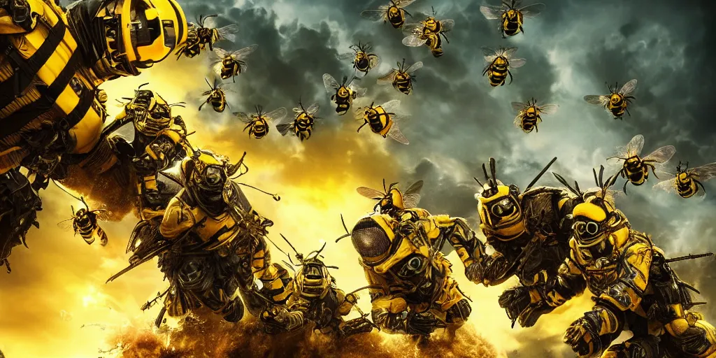 Image similar to Bumblebees going to war versus Humanity, realistic 4k octane beautifully detailed render, 4k post-processing, highly detailed, intricate complexity, epic composition, magical atmosphere, cinematic lighting, masterpiece, ultra hd