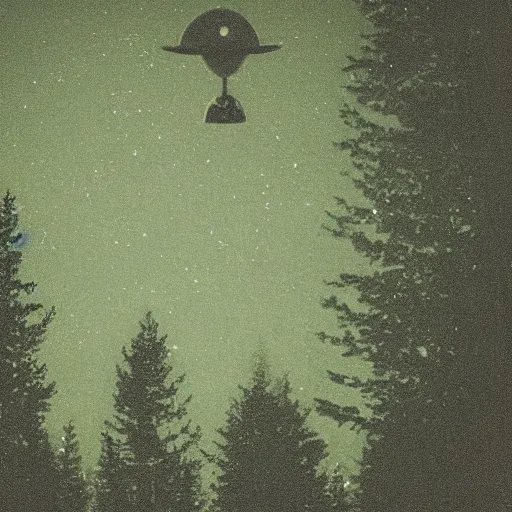 Image similar to grainy photograph of a bottle-shaped UFO flying above a forest