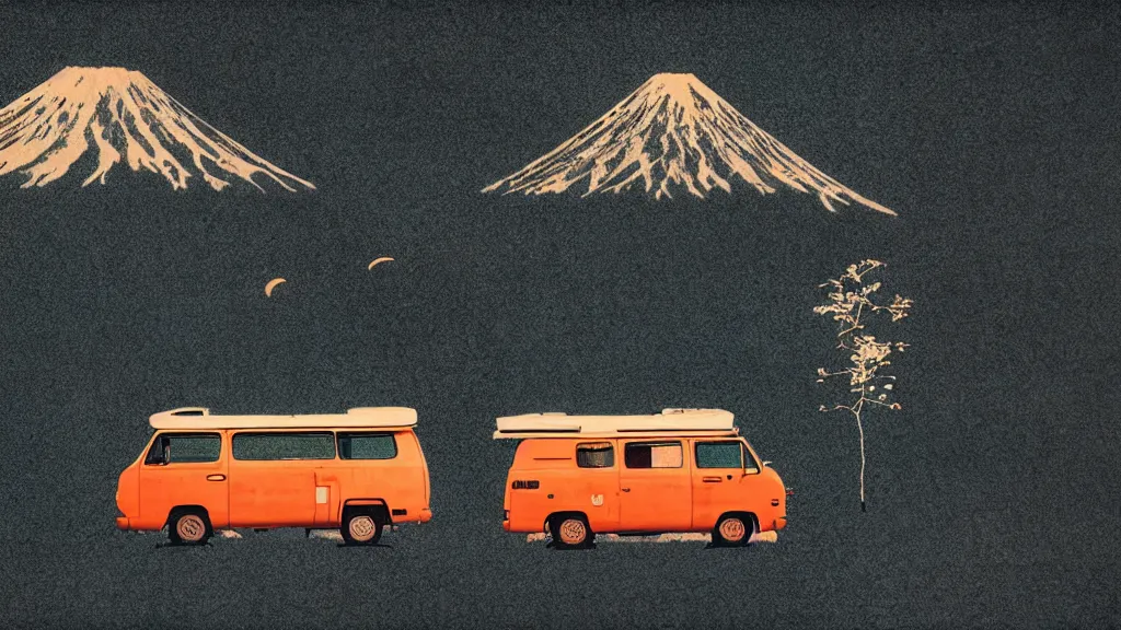 Image similar to japan various natural splendor and rural wonders, camper touring, a collage painting, in the style of wes anderson, lola dupre, david hockney, isolated on negative space background dark monochrome neon spraypaint accents volumetric octane render