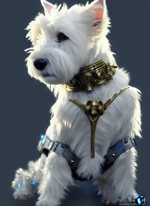 Image similar to a west highland white terrier, anime art style, wearing futuristic, led - lit armor, and a cannon mounted on his back, portrait, high detail, sharp focus, digital painting, artstation, concept art, art by hayao miyazaki and artgerm and greg rutkowski and alphonse mucha.