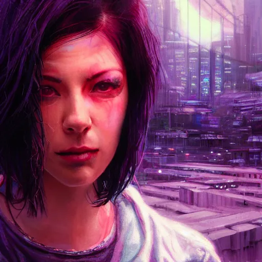 Image similar to molly millions, closeup portrait of a young beautiful cyberpunk woman, mirror eye implants, black hair in a rough shag, sunset, neuromancer, street samurai, cyberpunk city background, megacity, gorgeous view, depth, painted by seb mckinnon, high detail, digital art, painted by greg rutkowski, trending on artstation