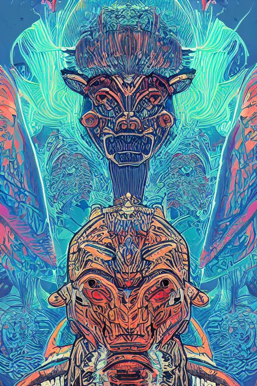 Image similar to totem animal tribal chaman vodoo mask feather gemstone plant video game illustration vivid color borderlands and by feng zhu and laurie greasley, victo ngai, andreas rocha, john harris radiating a glowing aura