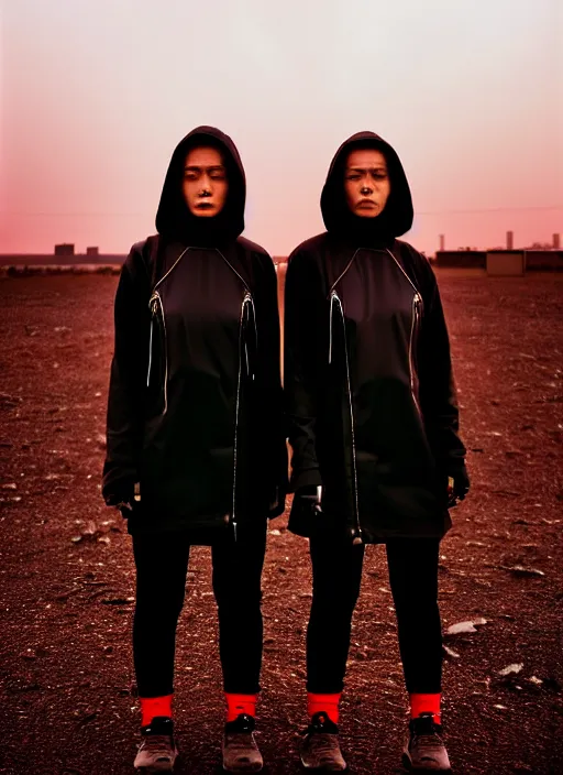 Image similar to cinestill 5 0 d photographic portrait of 2 women wearing black techwear in front of a brutalist sharp - edged metal building, closeup, on a desolate plain with a red sky, dystopia, cyberpunk, closeup, depth of field, 4 k, 8 k, hd, full color