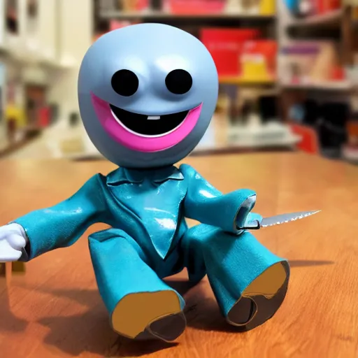 Image similar to vinyl designer toy, character crescent with hands and legs, creepy smiling evil face, holds a small knife in hand