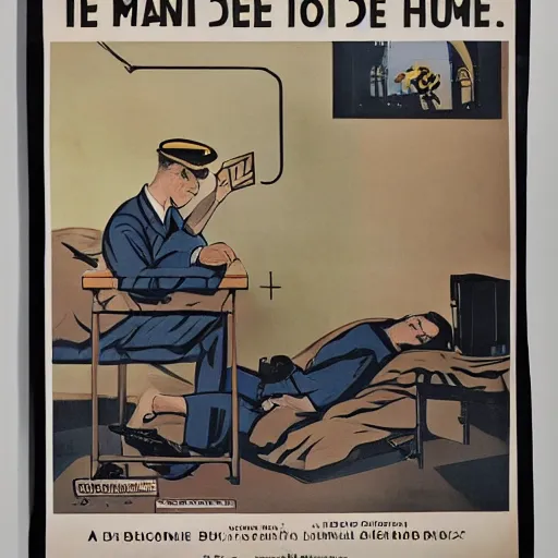 Image similar to a man sleeping at a computer is stung by a bumblebee, ww 2 allied propaganda poster, no text, highly detailed