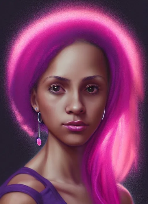 Image similar to portrait of teenage vanessa morgan with bright pink hair, black girl, curly pixie cut hair, wearing a purple breton cap, breton cap, hoop earrings, intricate, elegant, glowing lights, highly detailed, digital painting, artstation, concept art, smooth, sharp focus, illustration, art by wlop, mars ravelo and greg rutkowski