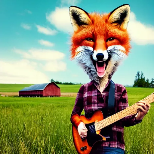 Image similar to a female fluffy anthropomorphic fox animal, head of fox, wearing cowboy hat, wearing plaid shirt, playing guitar, in a field, barn in background, album cover style