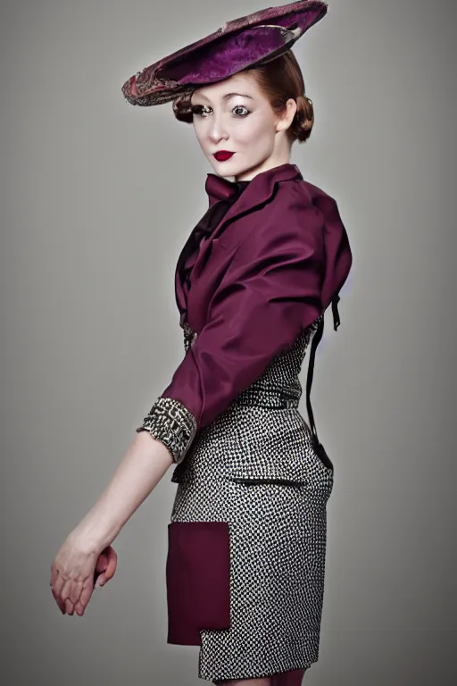 Image similar to a detailed high fashion woman wearing a mid century outfit