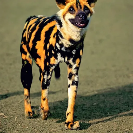 Prompt: A photo of the world's greatest sheriff: an african painted dog dressed in a hat!