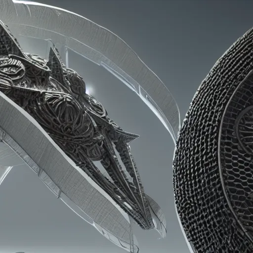 Image similar to alien starship exiting molten honeycomb structure stargate, intricate detail, royo, whealan, giger, hd, 8 k, octane render, unreal engine,