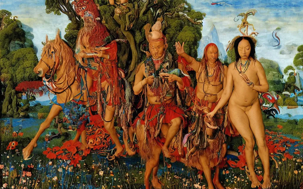 Image similar to a portrait photograph of a meditating shaman and a centaur monk riding a harpy and hunting at a river delta. surrounded by bulbous flowers and trees. mountain range under a blue sky of fiery stars. by jan van eyck, max ernst, ernst haeckel, ernst fuchs and artgerm, cgsociety, fashion editorial, 8 k