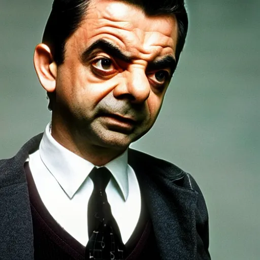 Prompt: rowan atkinson as agent smith from the matrix