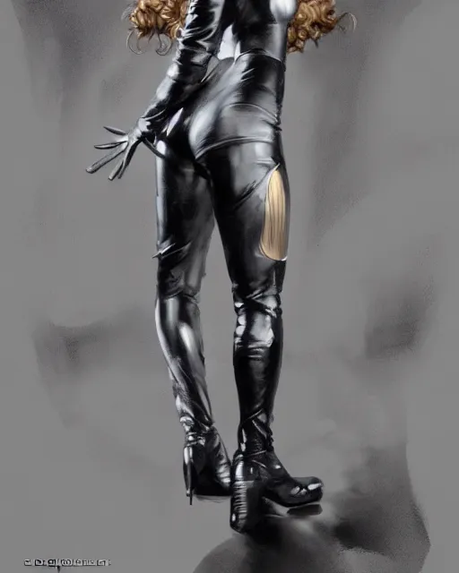 Prompt: full figure hyper realistic painting of young michelle pfeiffer as catwoman, hyper detailed, by clay mann, ayami kojima and greg rutkowski, trending on artstation, 3 light sources, rule of thirds, dutch angle