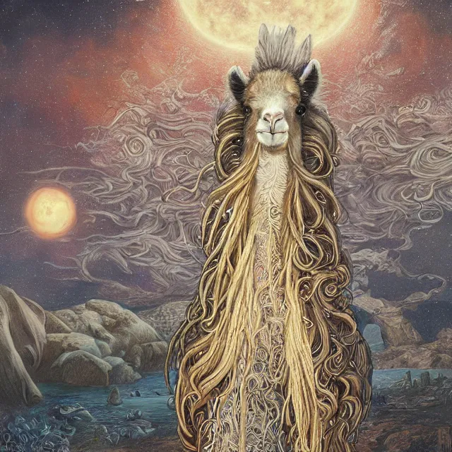 Image similar to llama with dreadlocks, night city, by mandy jurgens, ernst haeckel, james jean