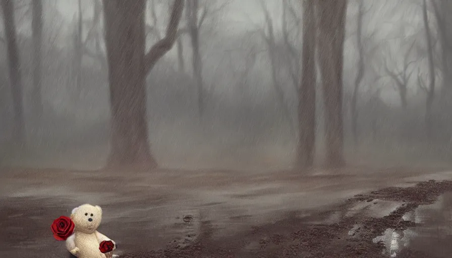 Prompt: Lonely teddy bear holding his rose under the rain, muddy road, hyperdetailed, artstation, cgsociety, 8k