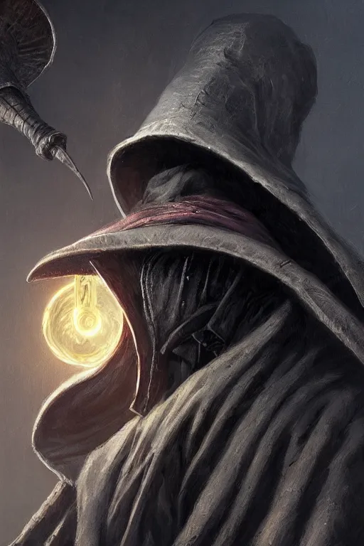 Prompt: A closeup of a Plague Doctor by Greg Rutkowski, Dan Mumford, Christophe Vacher, Bloodborne, 4k photorealistic, volumetric lighting, HD, high details, dramatic, dark atmosphere, hdr, trending on artstation