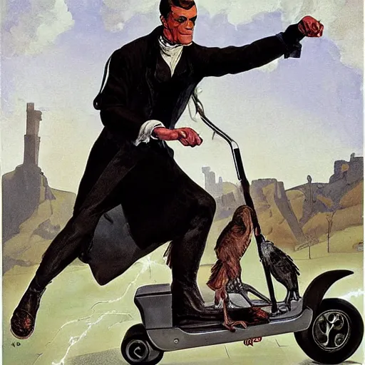 Image similar to frankenstein on a segway chasing crows, painting by by jc leyendecker