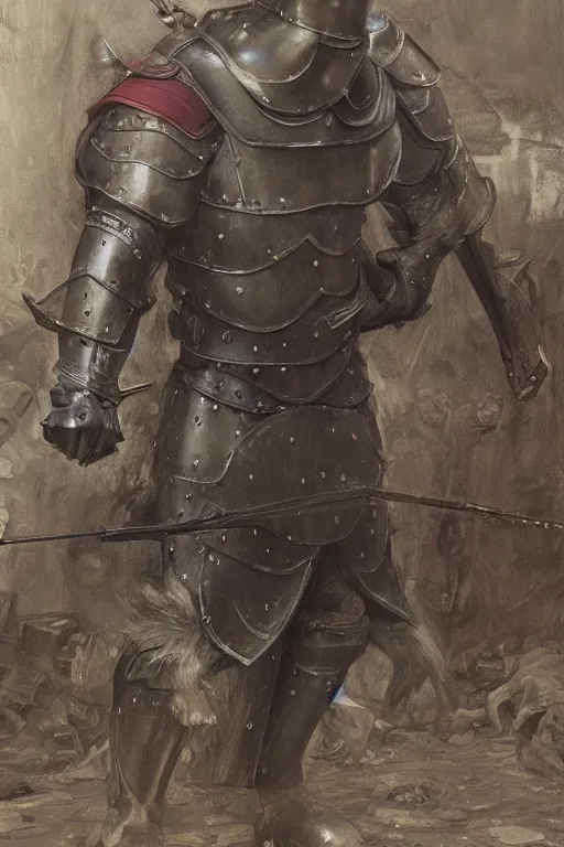 Prompt: a detailed matte portrait of an anthropomorphic shiba inu in steel plate armor, shiba inu face, very large longsword leaning against the side of a tavern, city streets, masterpiece, 8 k, art by donato giancola and greg rutkowski and wayne barlow and zdzisław beksinski