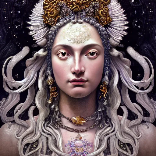 Prompt: baroque neoclassicist closeup portrait of a beautiful moon goddess with stars in her hair, reflective detailed textures, glittering silver ornaments, dark fantasy science fiction painting by diego rivera and jean delville and ruan jia and nicholas roerich and annie swynnerton, dramatic lighting, gleaming silver and rich colors, floral tattoos, artstation, octane render