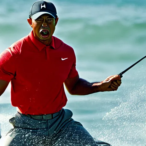 Image similar to a close up cinematic film still of tiger woods in the jaws