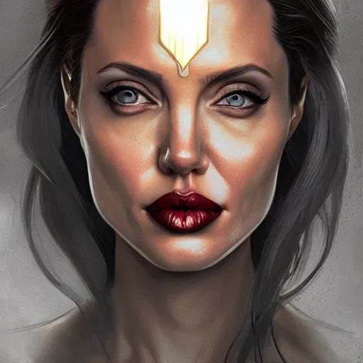 Image similar to Angelina Jolie as Lucifer Morningstar, highly detailed, digital painting, artstation, concept art, smooth, sharp focus, illustration, ArtStation, art by Katsuhiro Otomo and Tom Bagshaw