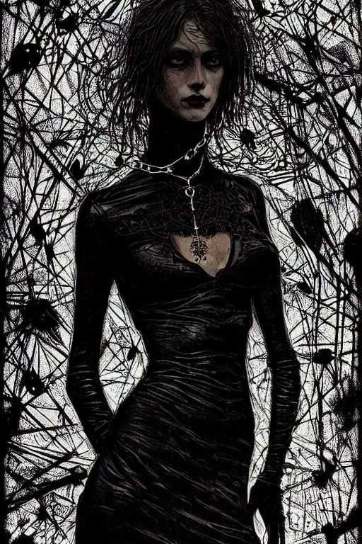 Prompt: dreamy gothic girl, black leather slim clothes, dark necklace, beautiful woman body, detailed acrylic, grunge, intricate complexity, by dan mumford and by alberto giacometti, peter lindbergh