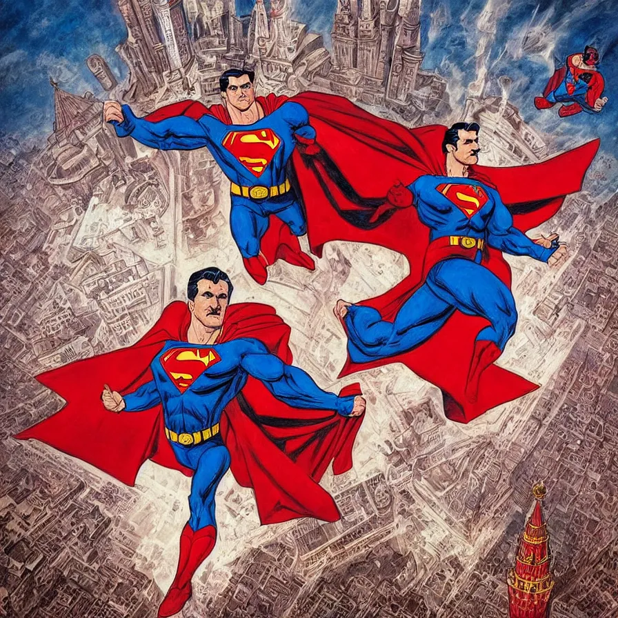 Image similar to epic comic book cover of stalin as superman floating over the red square ( moscow ), soviet propaganda poster, socialist realism, aesthetically pleasing, finely detailed facial features, photorealistic, intricate digital art, trending artstation, artgem, rich moody colors, fan art, concept art, in the style of the red son and invincible