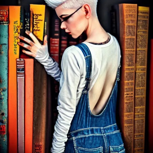 Image similar to full body pose, beautiful adult fairy, pixar, short white hair shaved sides, dirty, grungy, grunge, long sleeve, painted overalls, stacks of giant books, highly detailed, 4 k, hdr, smooth, sharp focus, high resolution, award - winning photo, artgerm, photorealistic