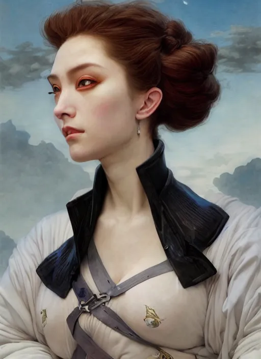 Prompt: empress demon half human, elegant, wearing a bomber jacket, armor, hyper realistic, white, extremely detailed, dnd character art portrait, fantasy art,, dramatic lighting, vivid colors, artstation, by edgar maxence and caravaggio and michael whelan and delacroix, lois van baarle and bouguereau